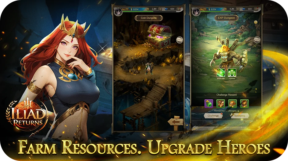 Farm Resources. Upgrade Heroes.